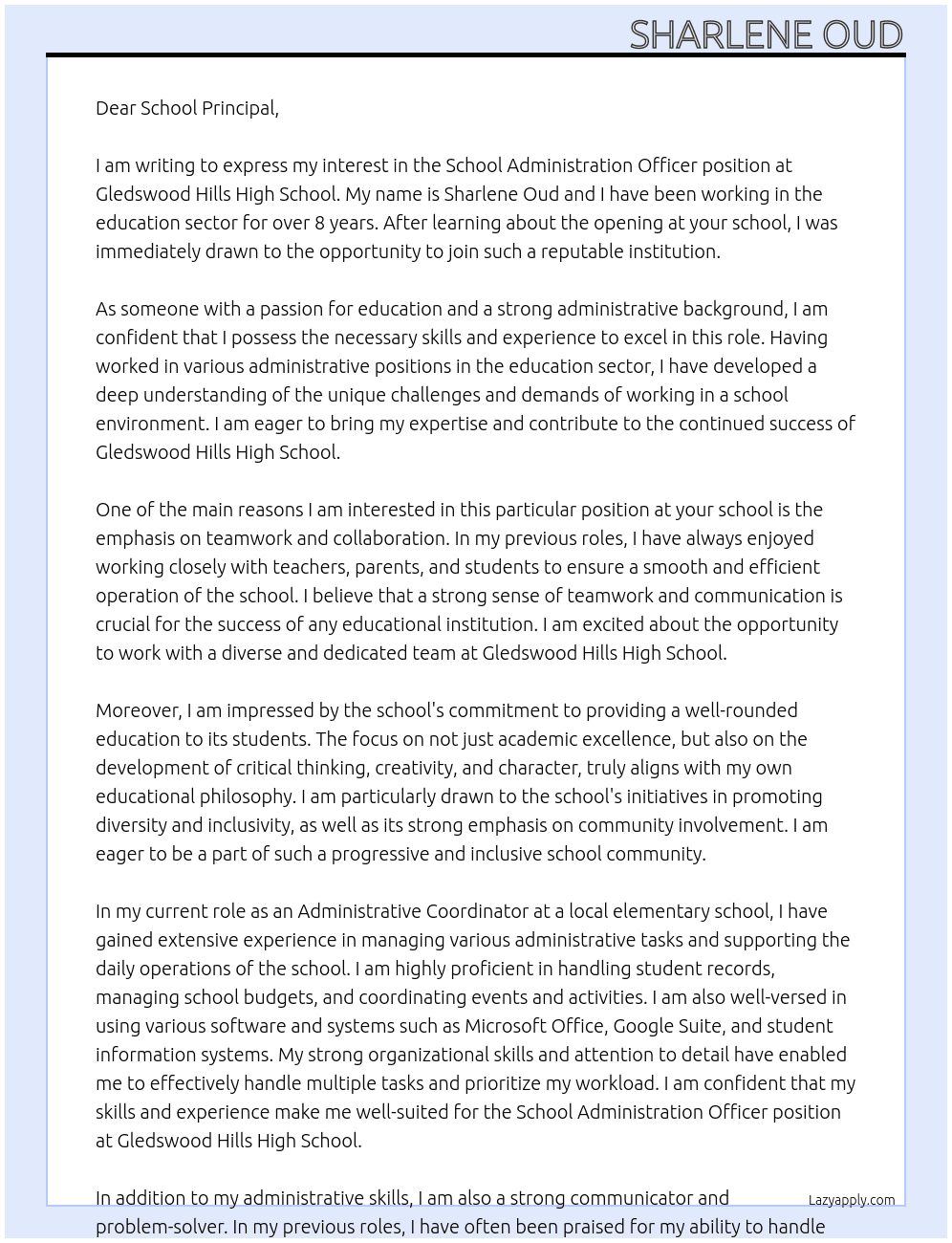 Cover letter for school administration officier - LazyApply