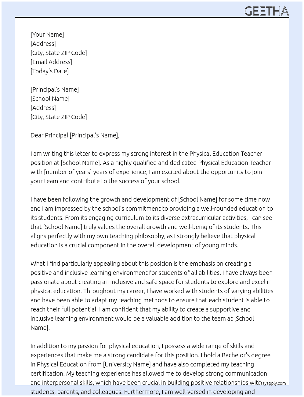Physical Education Teacher At Geetha Cover Letter
