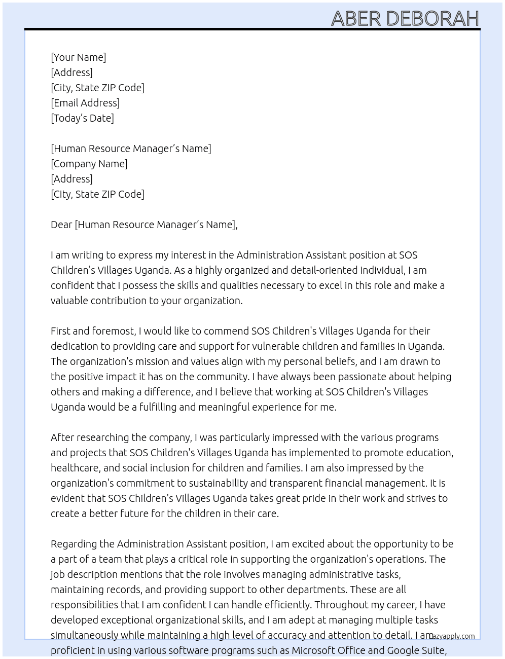 Administration Assistant At SOS Children's Villages Uganda Cover Letter