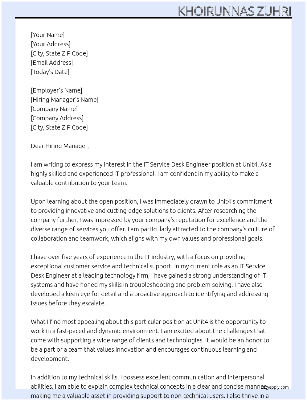 IT Service Desk Engineer At Unit4 Cover Letter