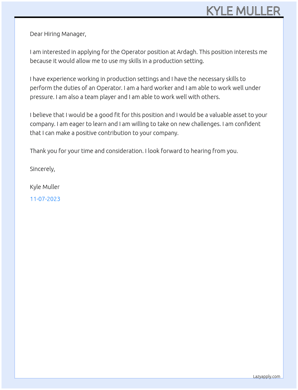 Operator  At Ardagh  Cover Letter