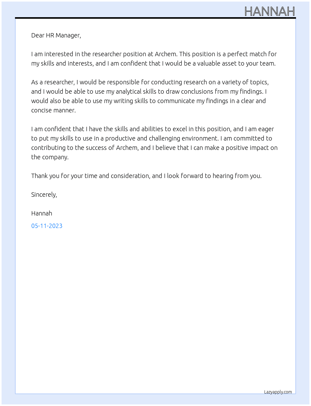 researcher At archem Cover Letter