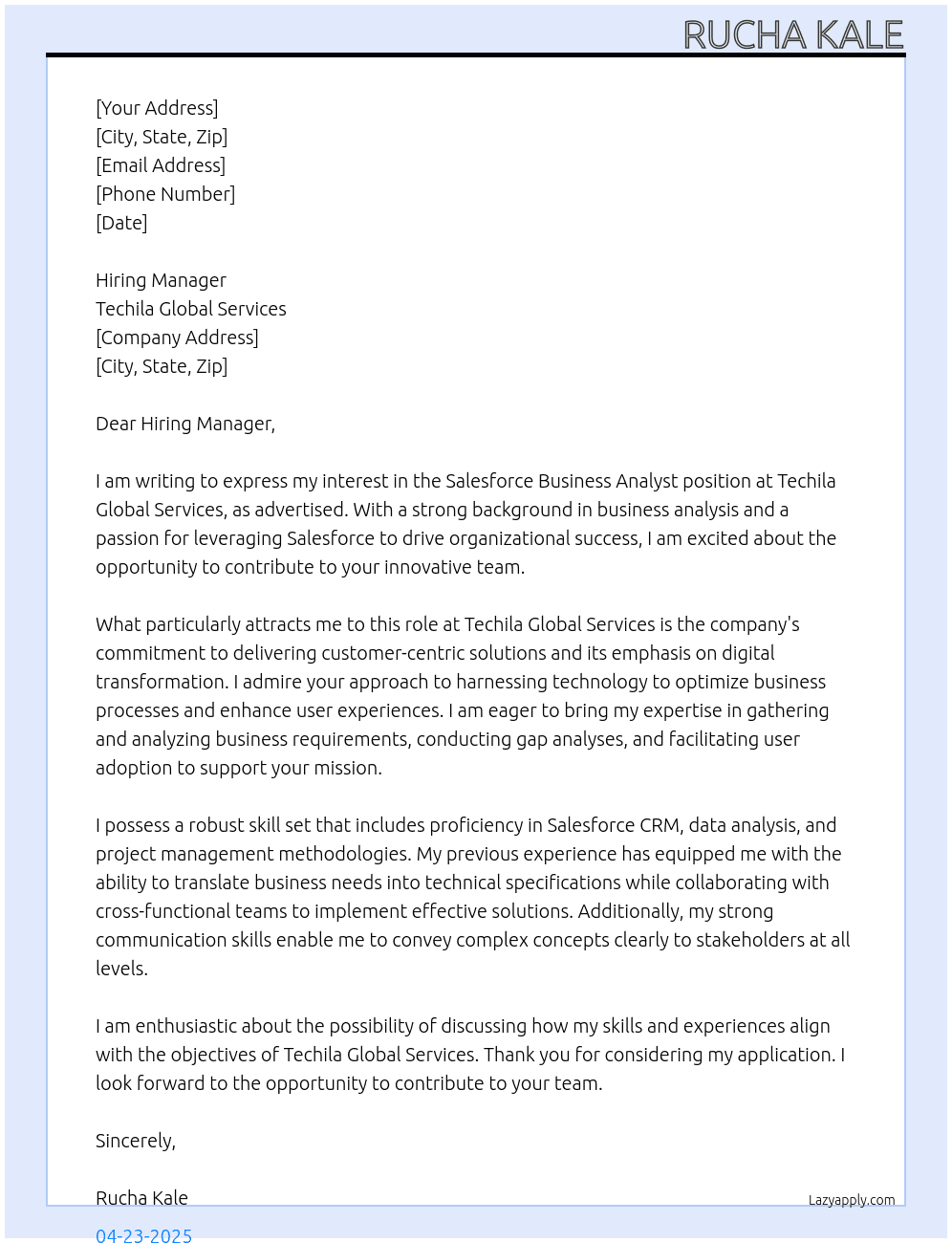 Cover letter for salesforce business analyst - LazyApply