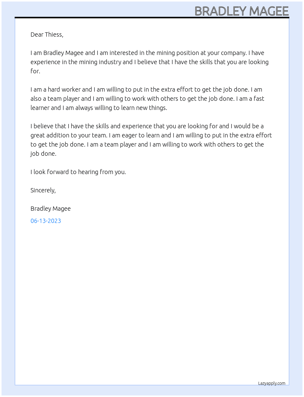 mining At thiess Cover Letter