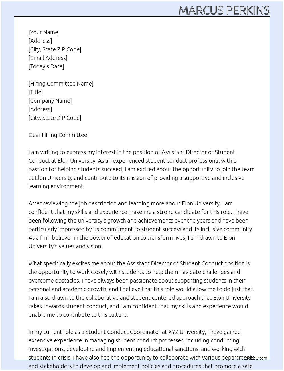 assistant director of student conduct  At Elon University  Cover Letter