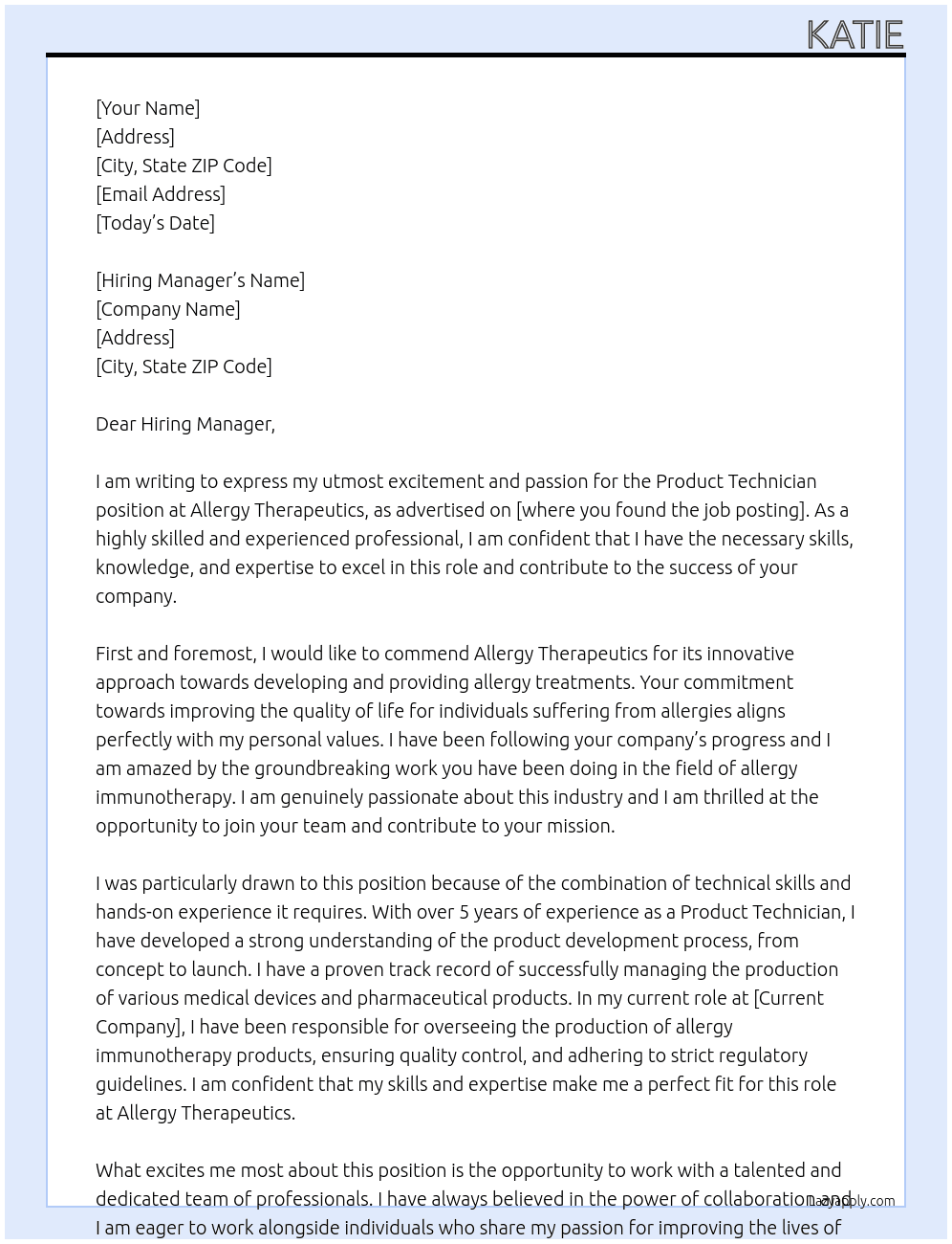 Cover letter for product technician - LazyApply