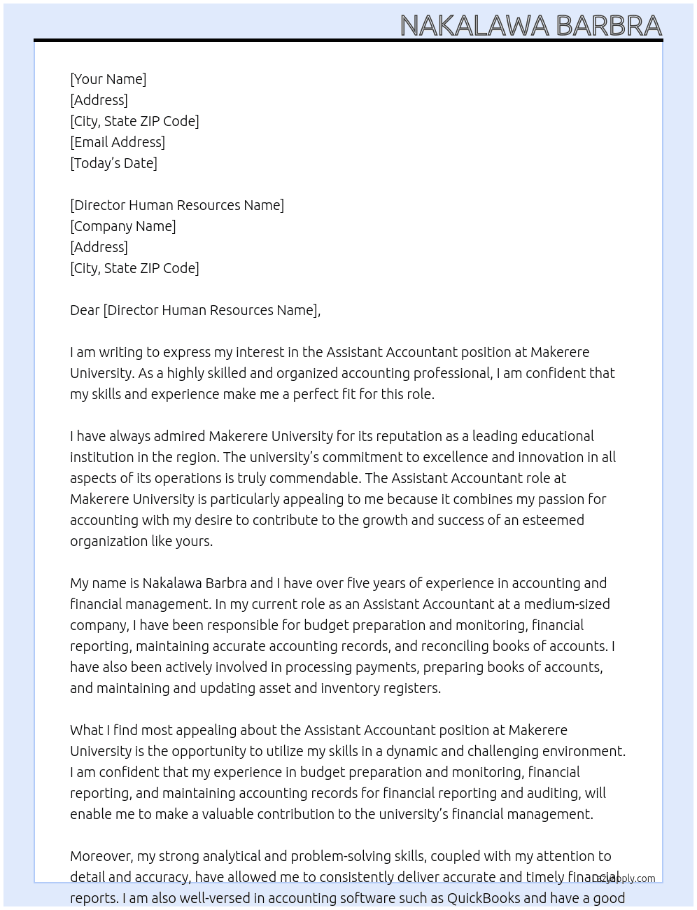 Assistant Accountant At Makerere University Cover Letter