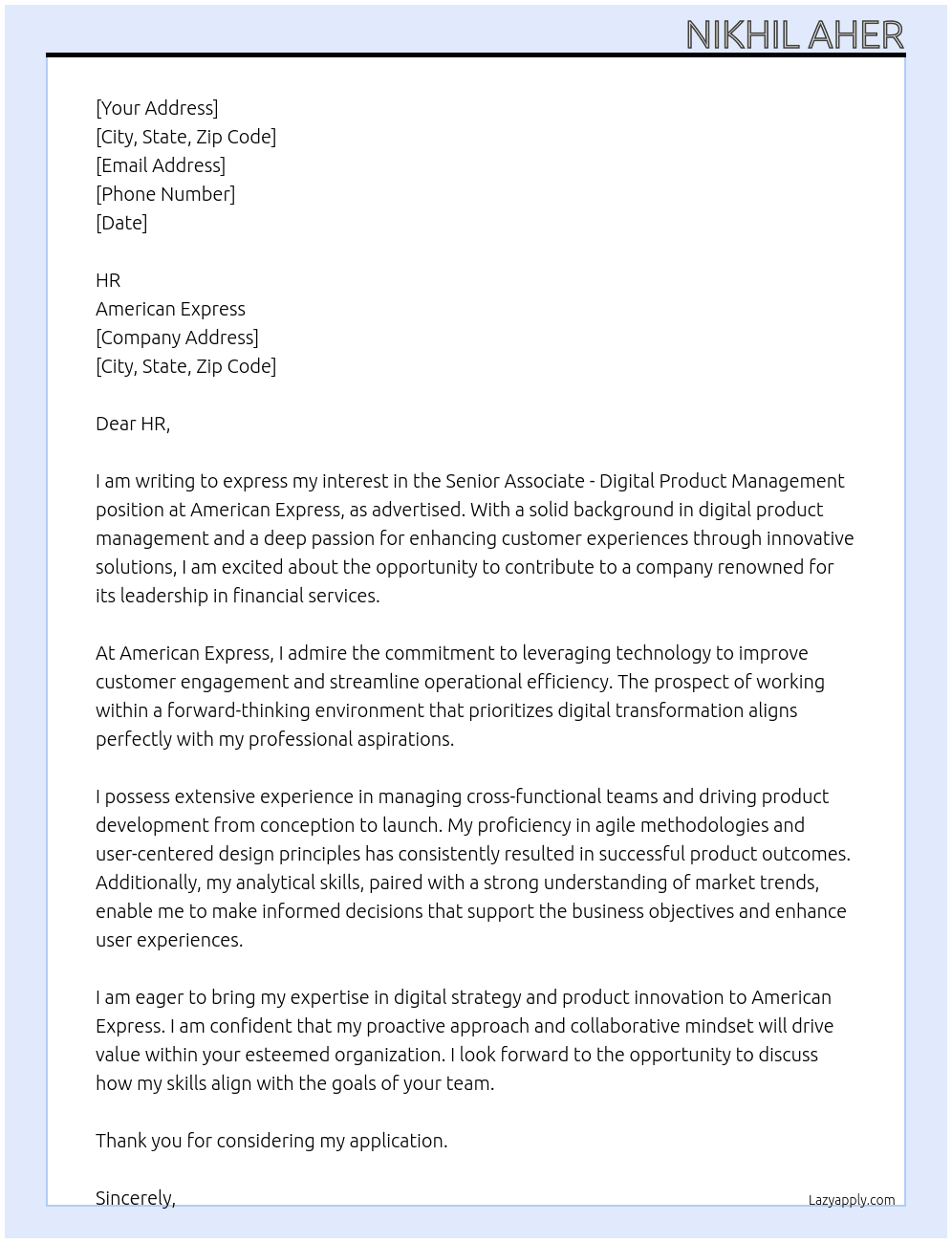 Cover letter for senior associate-digital product management - LazyApply