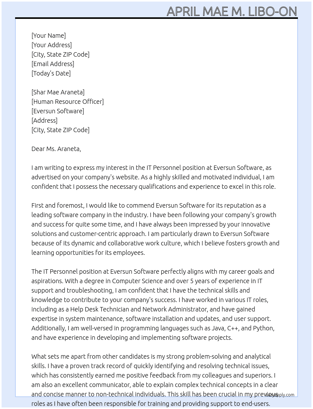 IT Personel At Eversun Software Cover Letter