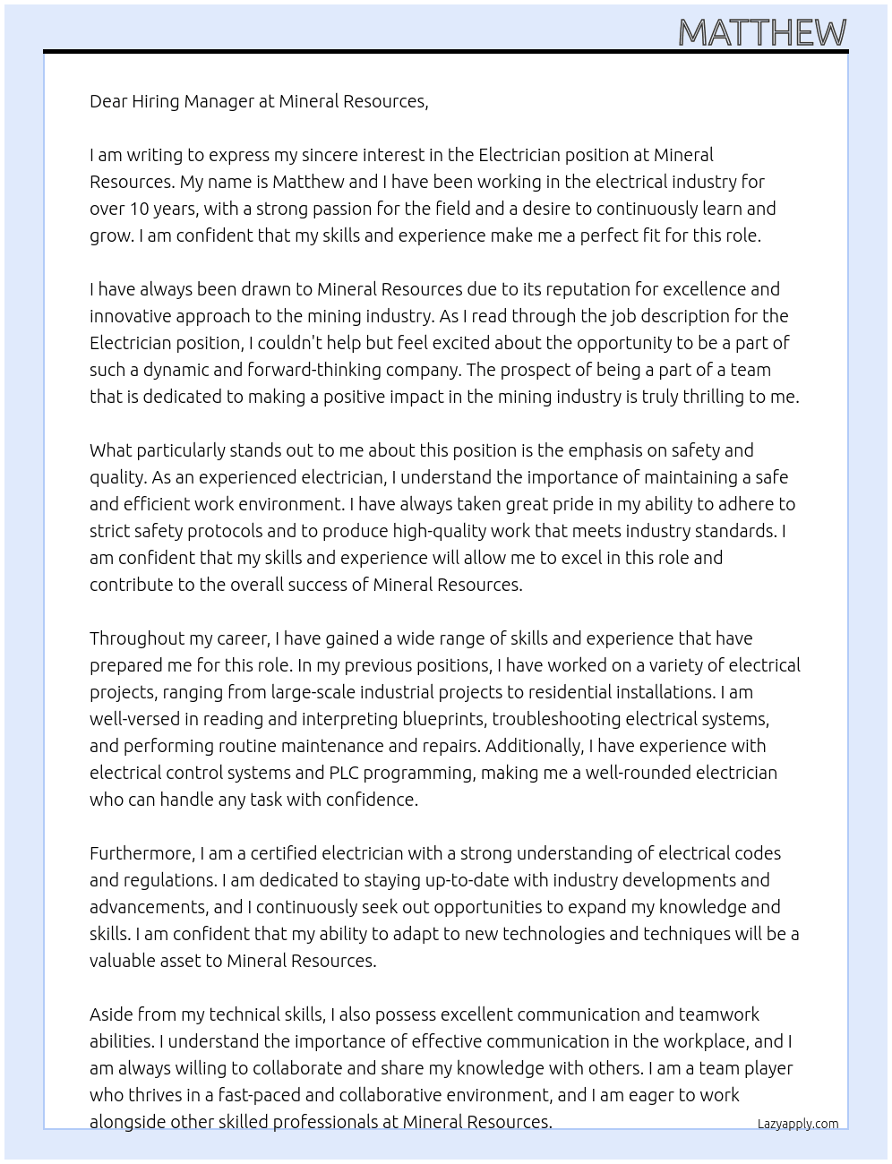 Electrician At Mineral Resources Cover Letter
