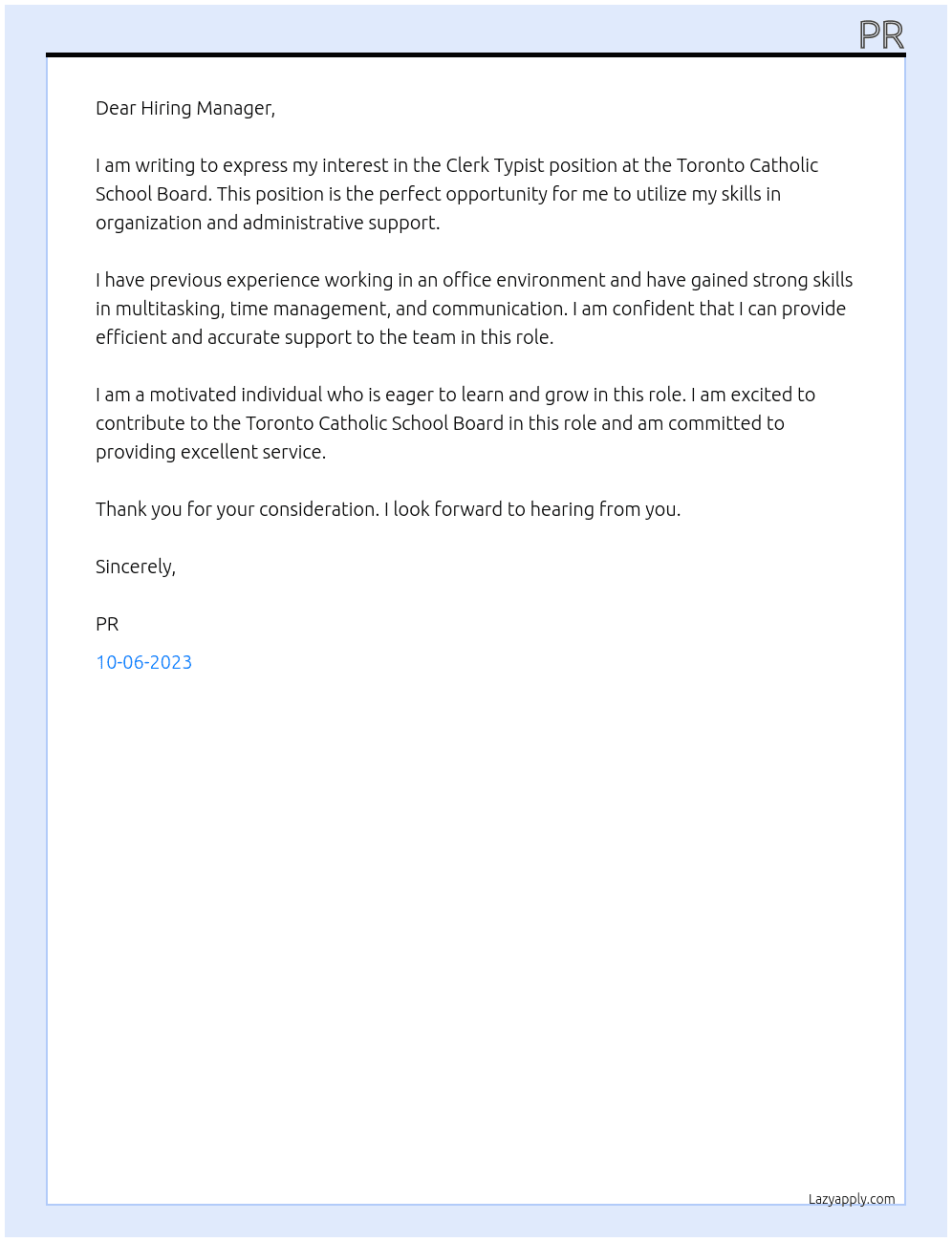 Clerk Typists At Toronto Catholic School Board Cover Letter