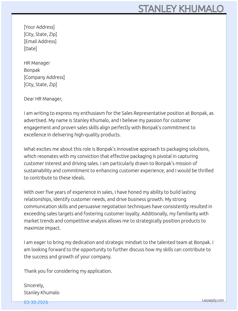 Sales Representative  At Bonpak  Cover Letter