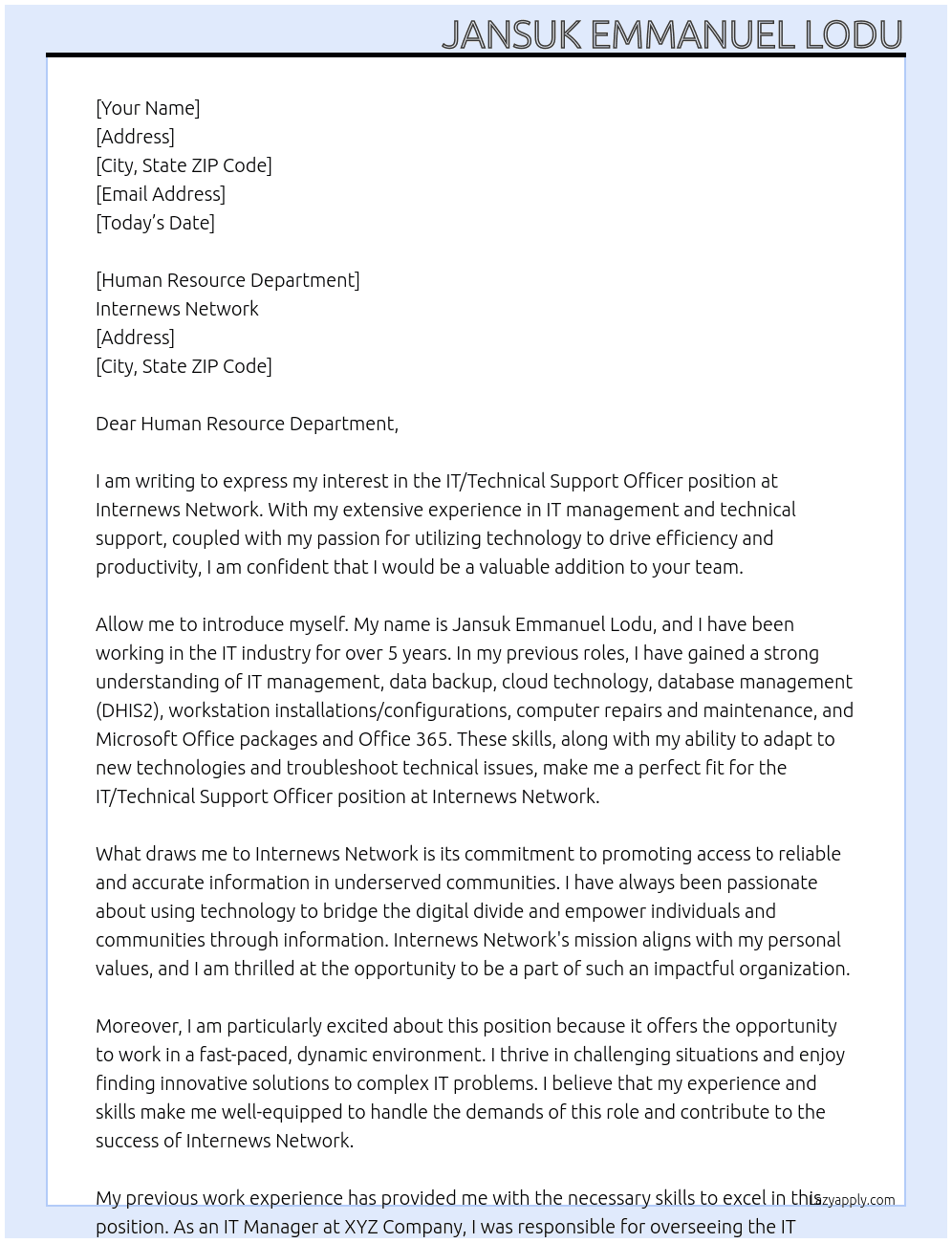 IT/Technical Support Officer At Internews Network Cover Letter
