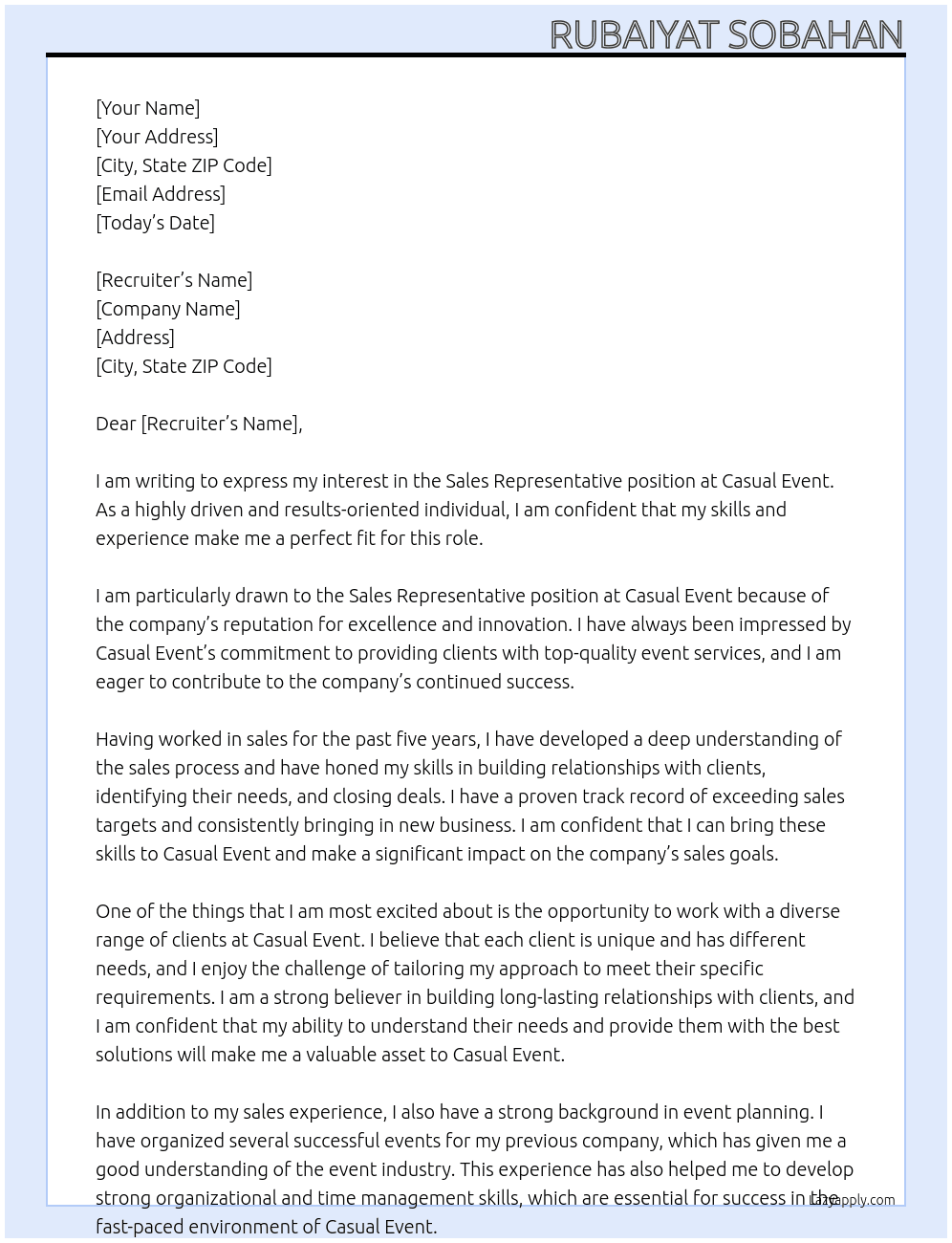 Sales representative At casual event Cover Letter