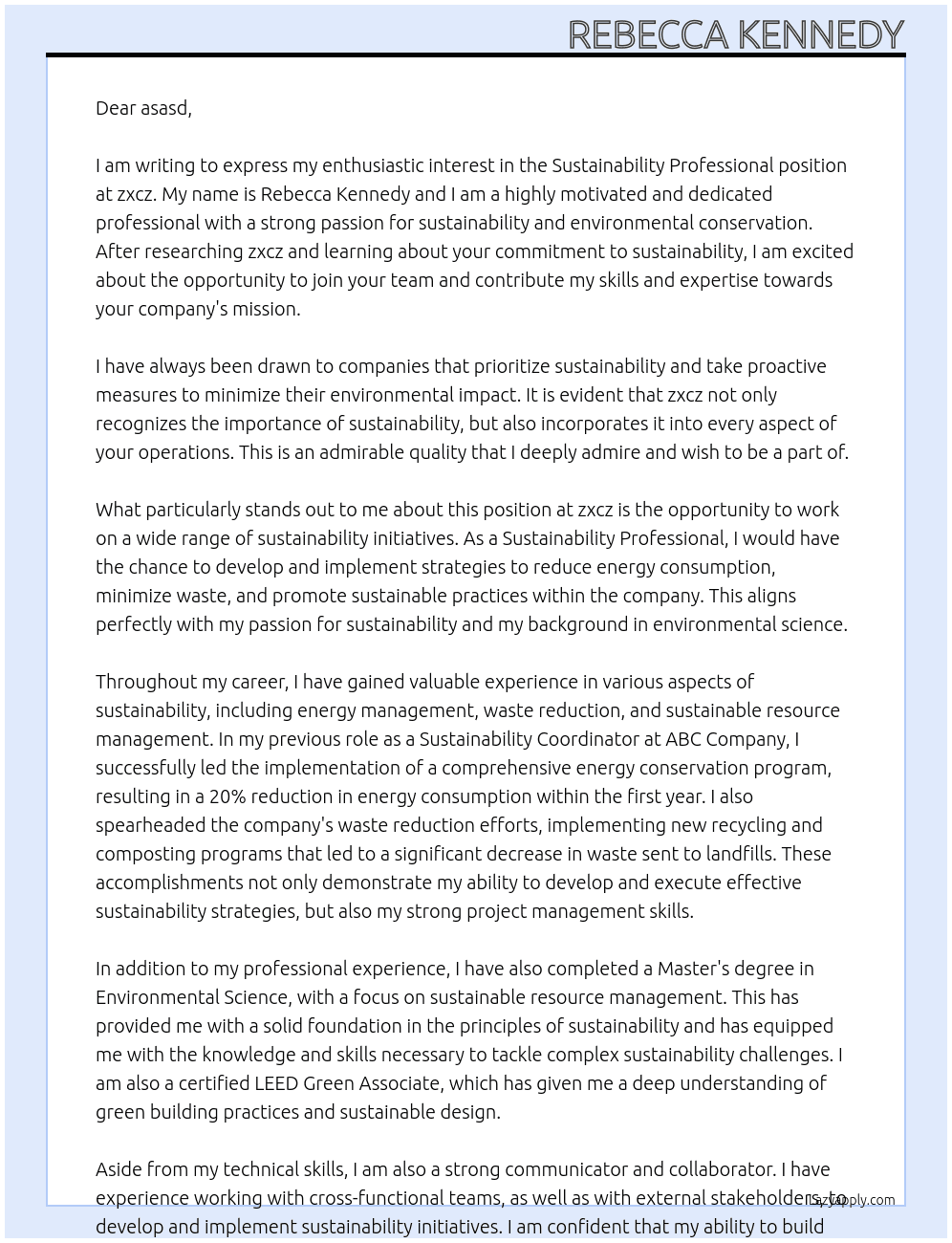 Sustainability professional At zxcz Cover Letter