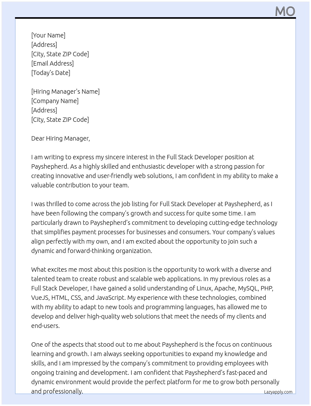 Full Stack Developer At Payshepherd Cover Letter