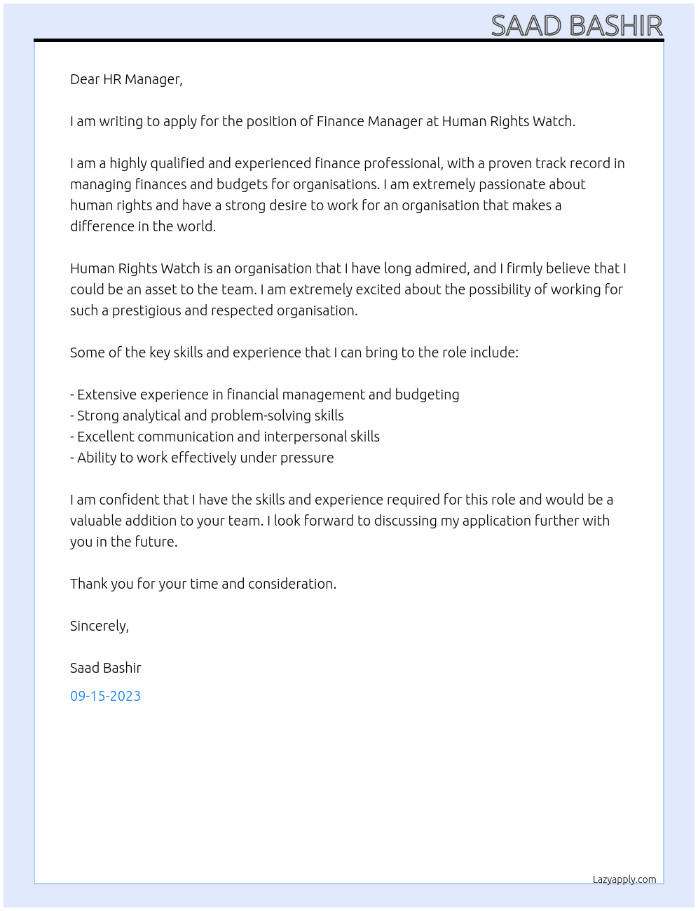 Finance Manager At Human Rights Watch Cover Letter