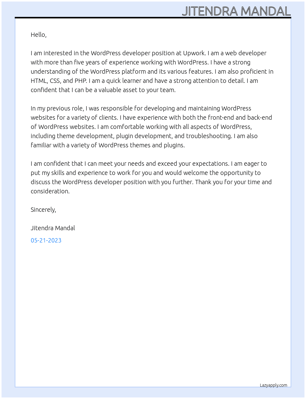 wordpress developer At upwork Cover Letter