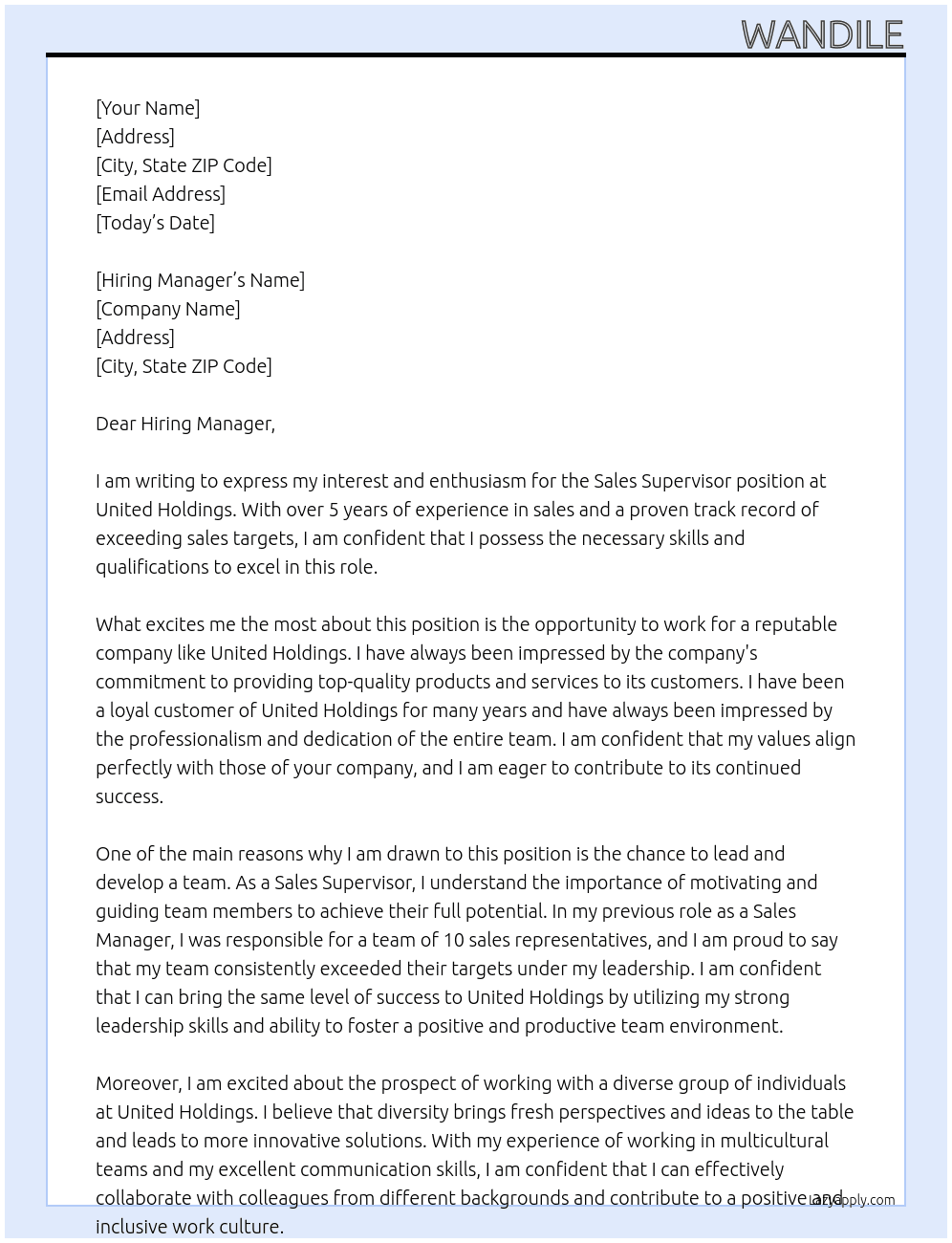 Sales Supervisor At United Holdings Cover Letter