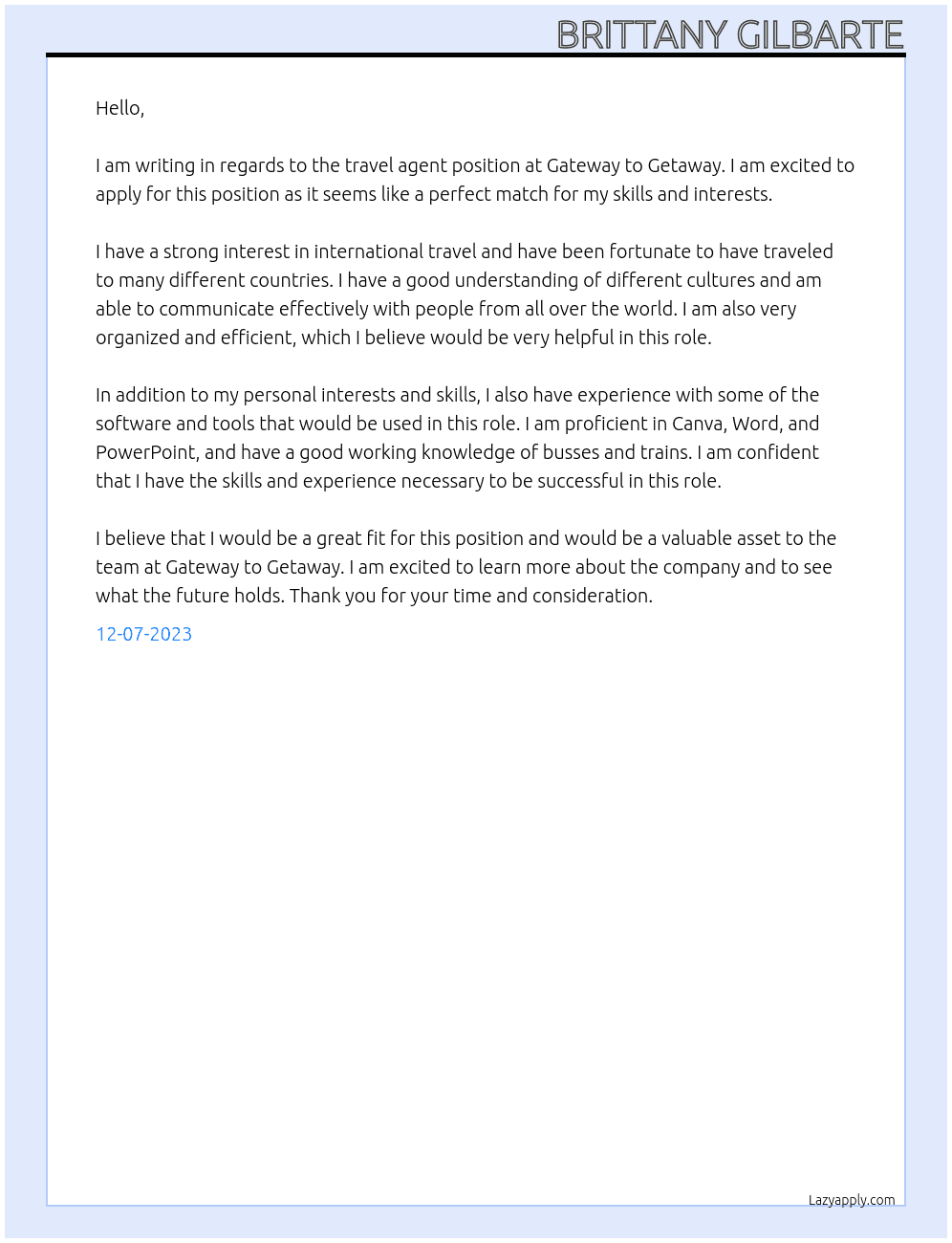 travel agent At Gateway to Getaway Cover Letter