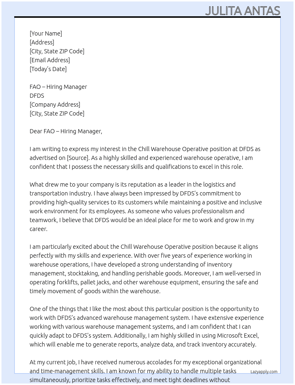 Chill Warehouse Operative  At DFDS Cover Letter