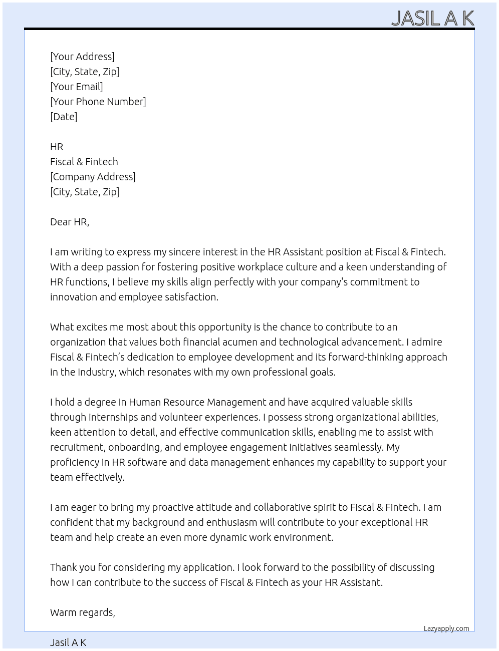 HR Assistant At Fiscal & Fintech Cover Letter