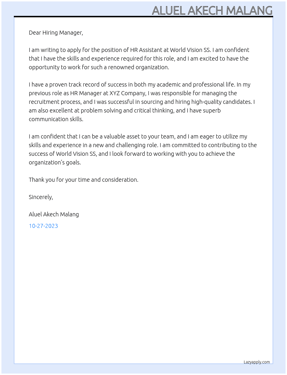 HR Assistant At World Vision SS Cover Letter