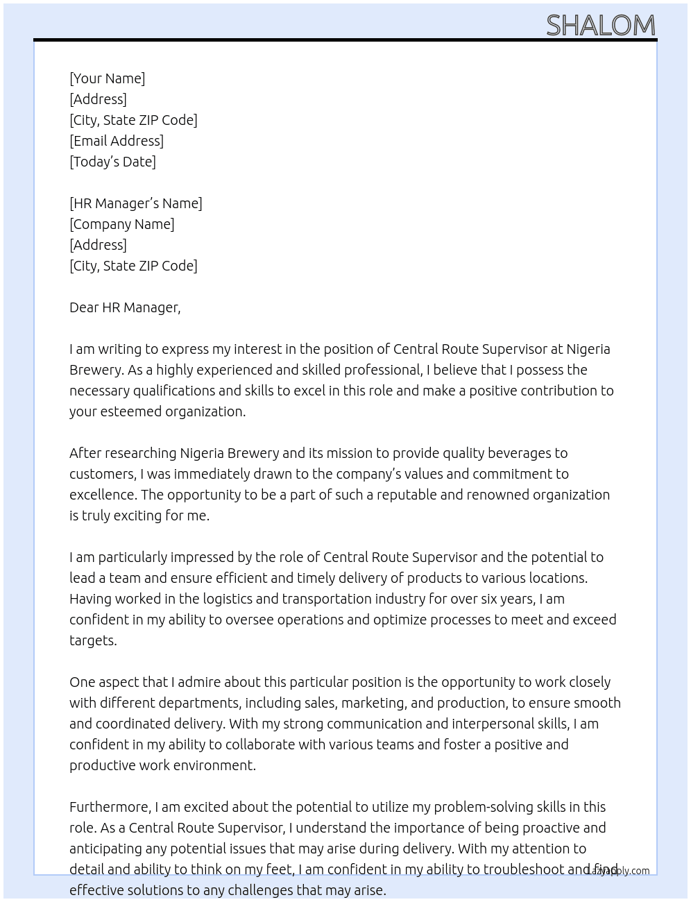 Cover letter for central route supervisor - LazyApply