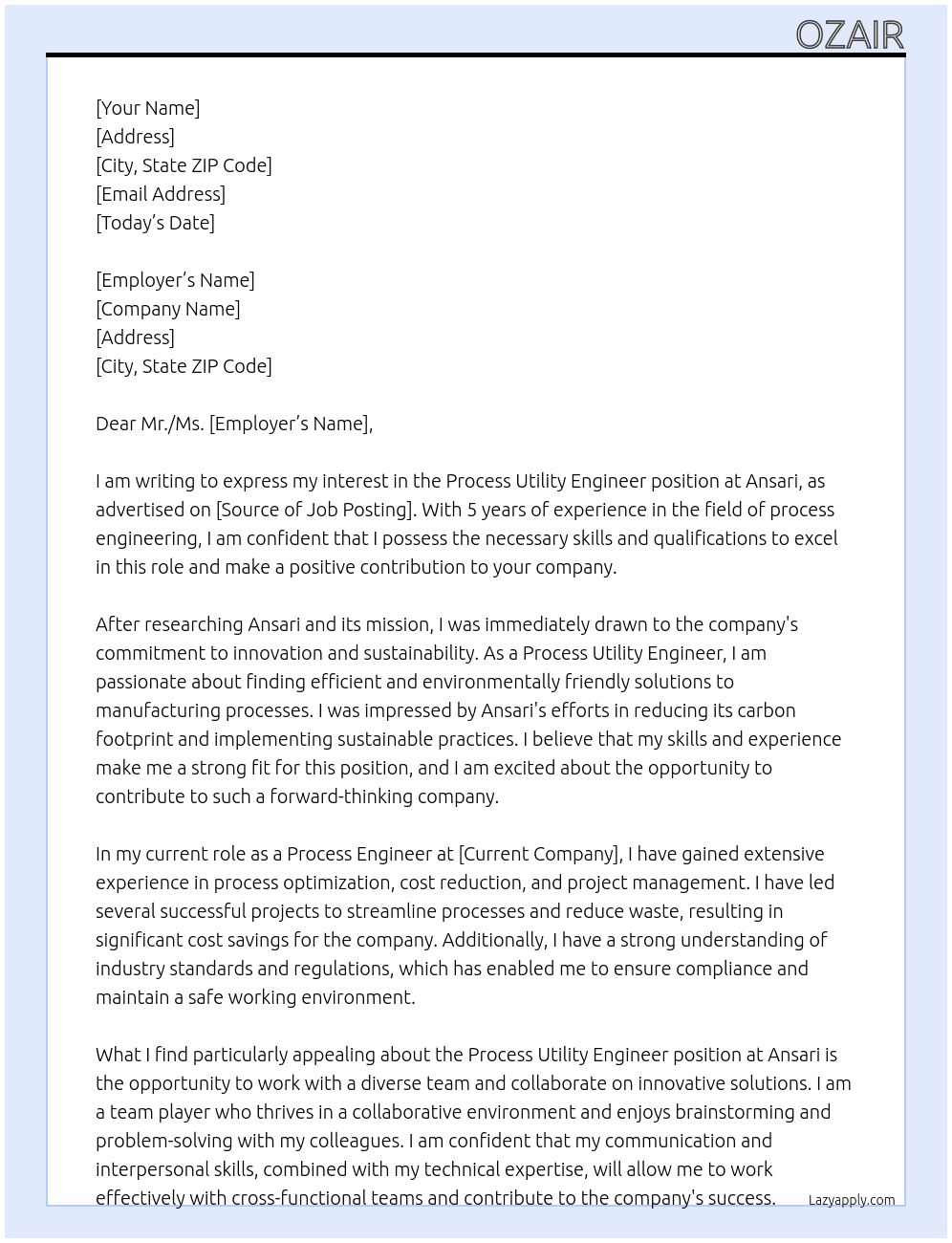 Process Utility Engineer At Ansari Cover Letter