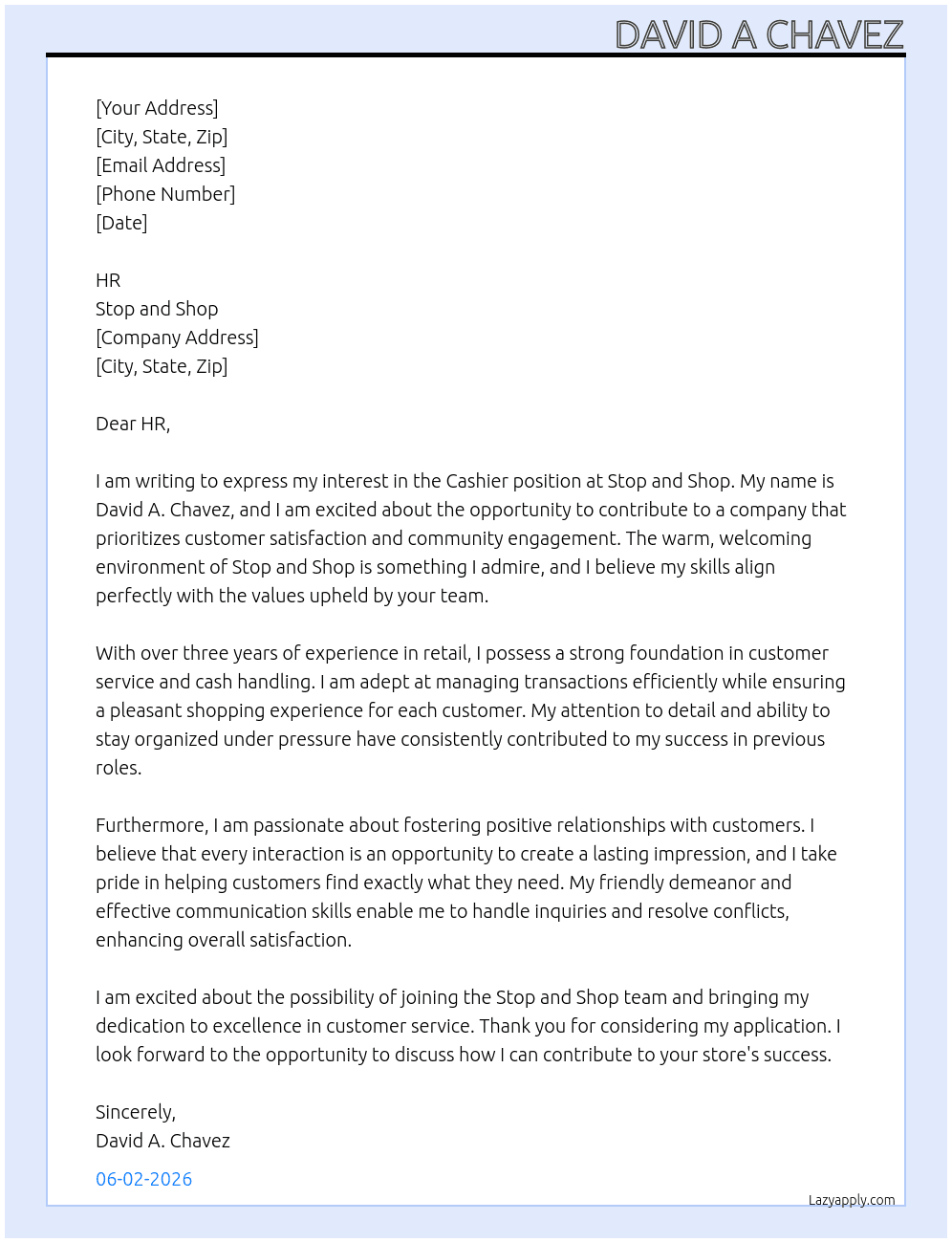 Cashier At Stop and Shop Cover Letter