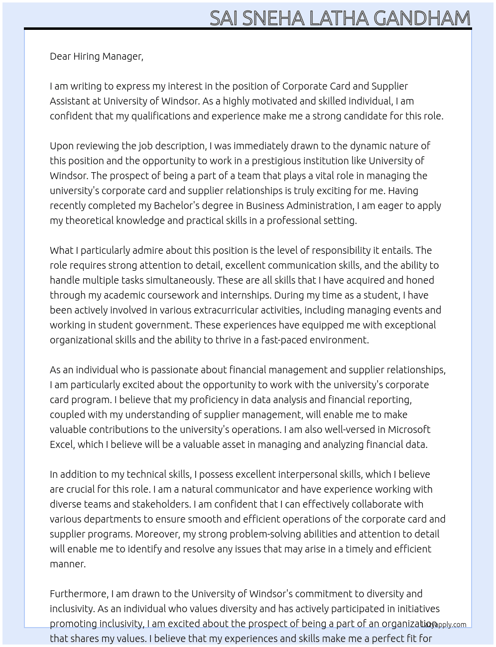 Corporate Card and Supplier Assistant At University of WIndsor Cover Letter