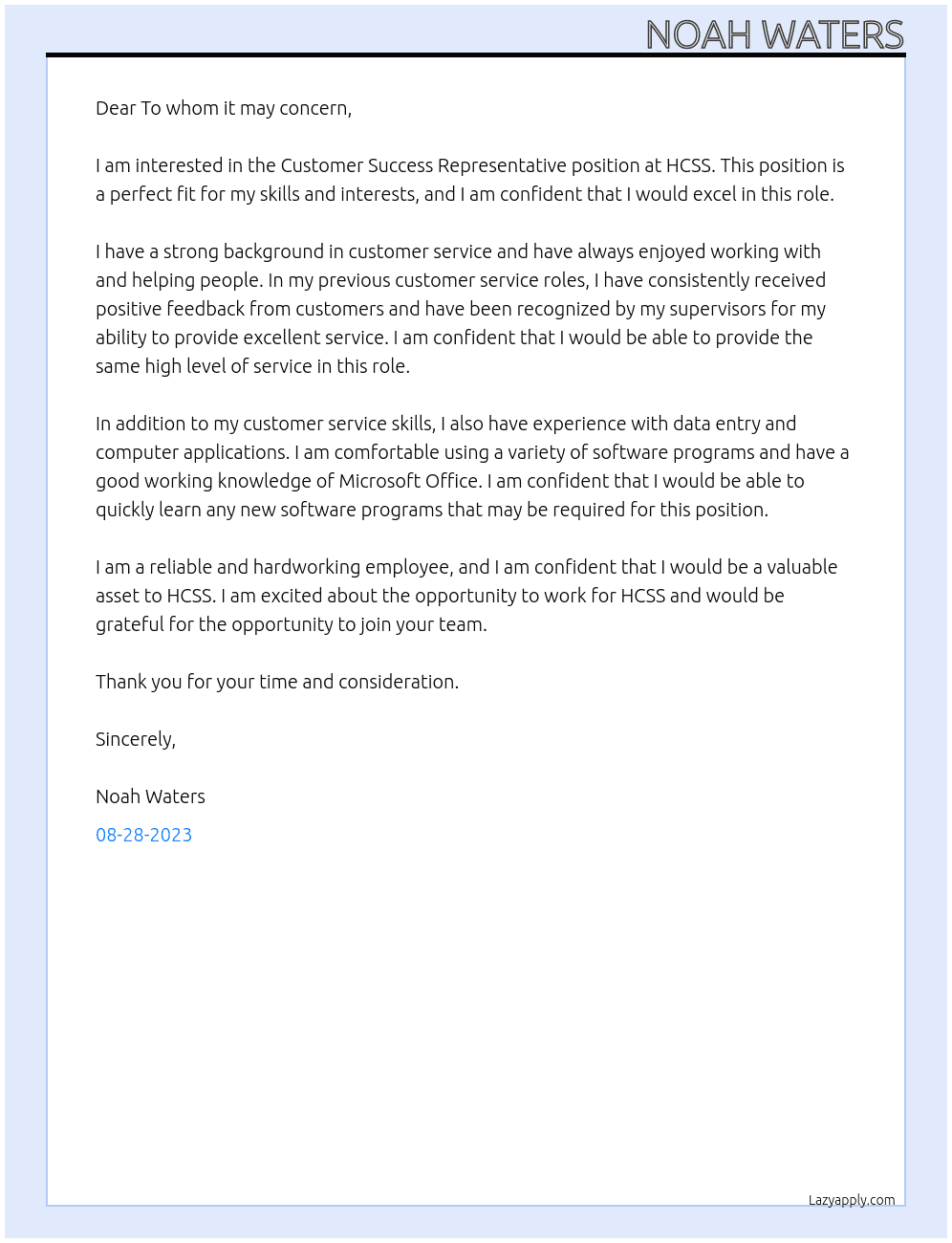 Customer Success Representative At HCSS Cover Letter