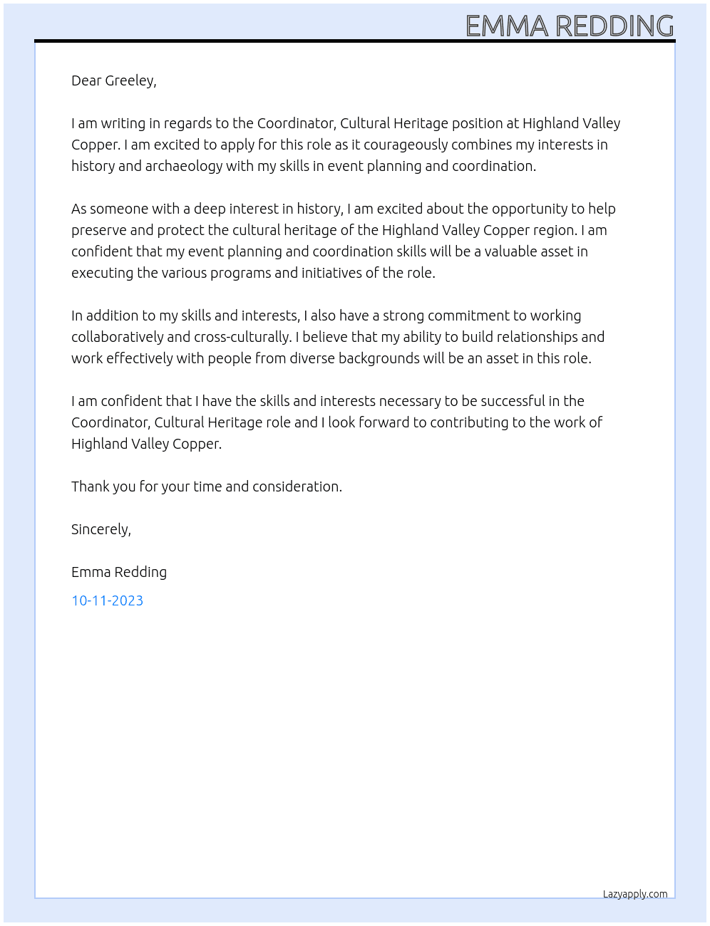 Coordinator, Cultural Heritgae At Highland Valley Copper Cover Letter