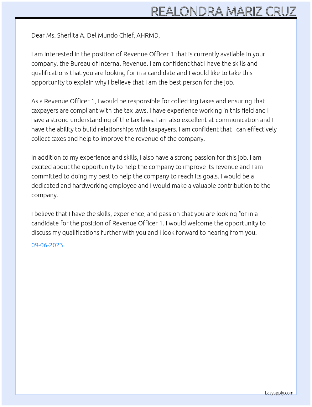 Revenue Officer 1 At Bureau of Internal Revenue Cover Letter