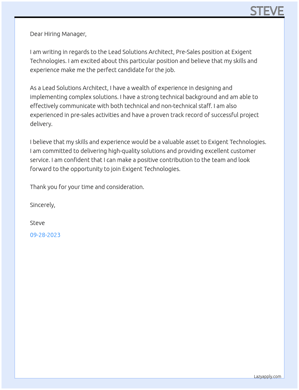 Lead Solutions Architect, Pre-Sales At Exigent Technologies Cover Letter