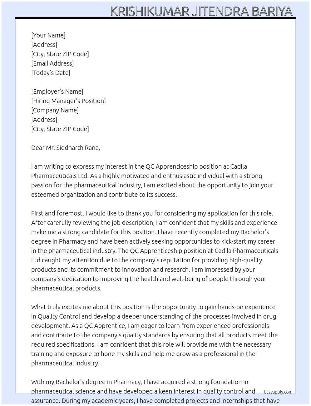 QC Apprendiceship  At Cadila pharmaceuticals Ltd  Cover Letter
