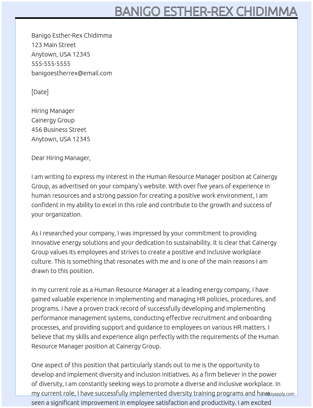 Human Resource Manager At Cainergy Group Cover Letter
