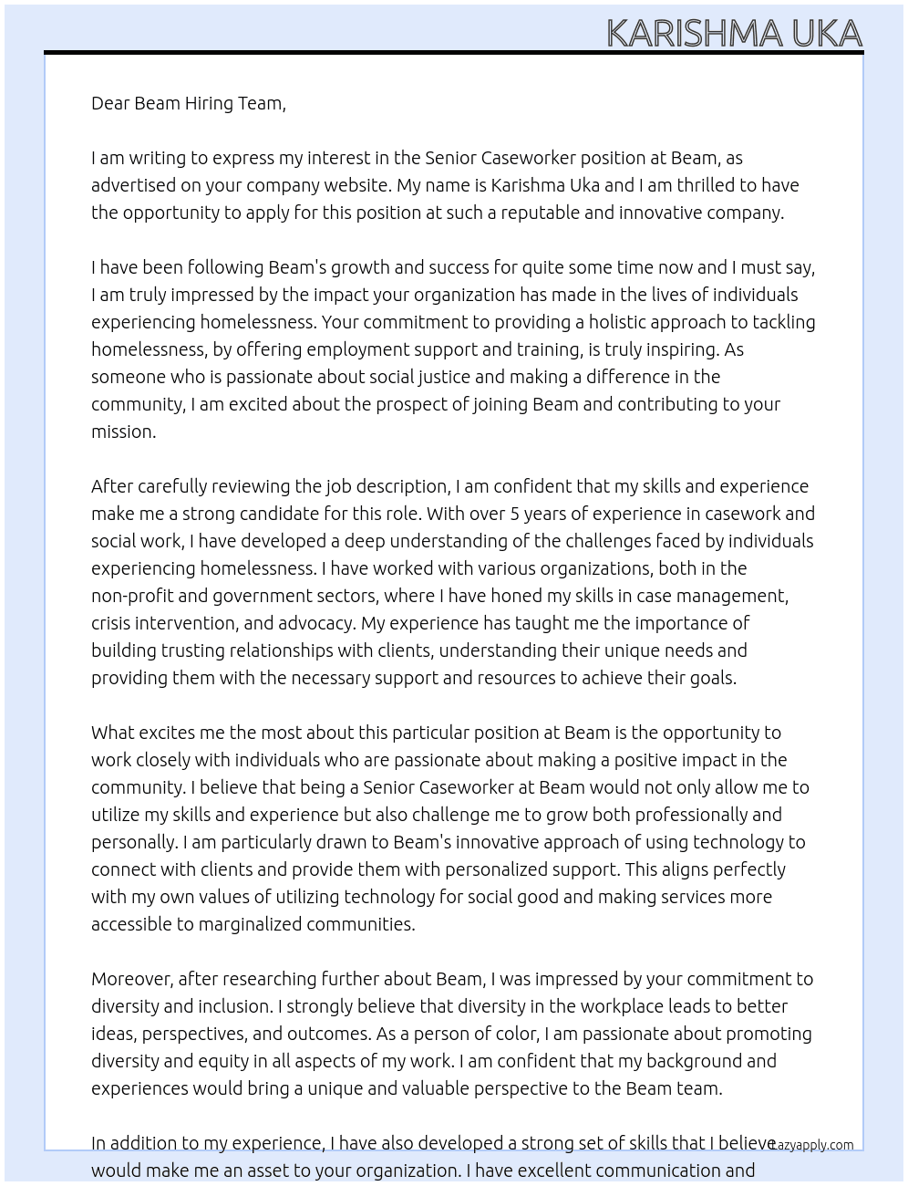 Senior Caseworker At Beam Cover Letter