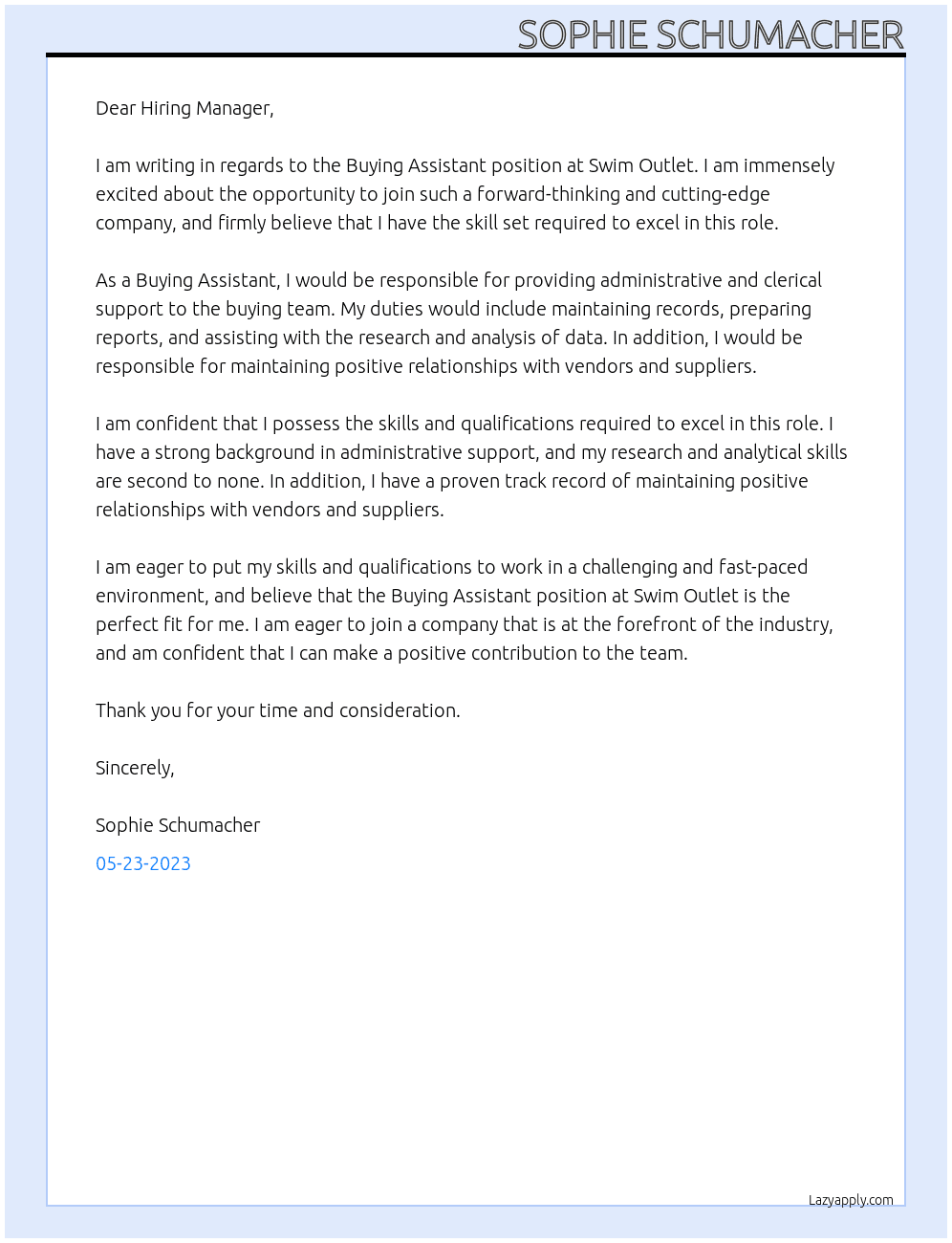 Buying Assistant At Swim Outlet Cover Letter