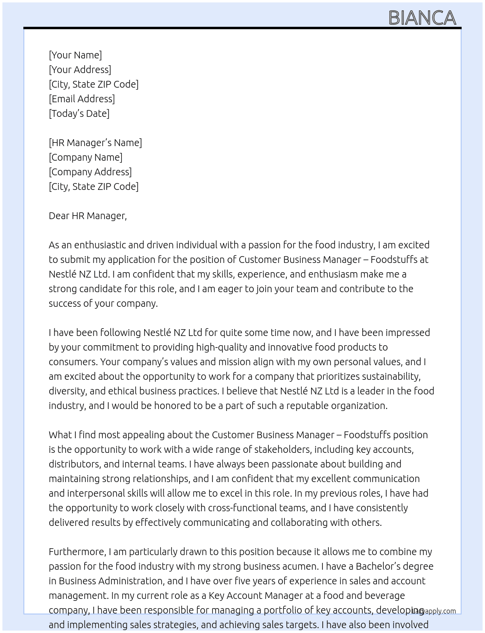 Customer Business Manager - Foodstuffs  At Nestlé NZ Ltd Cover Letter