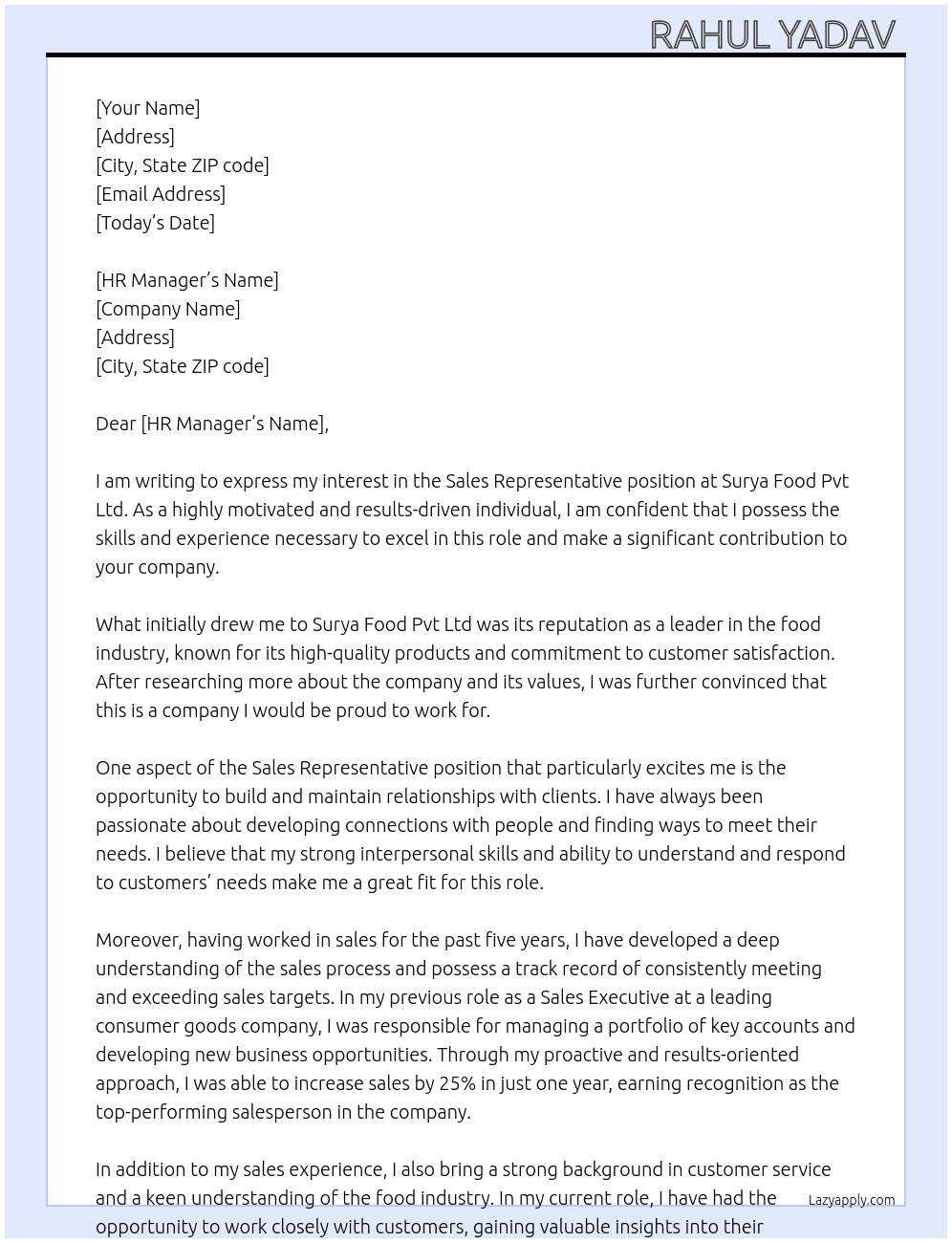 Sales Representative  At Surya food pvt ltd Cover Letter