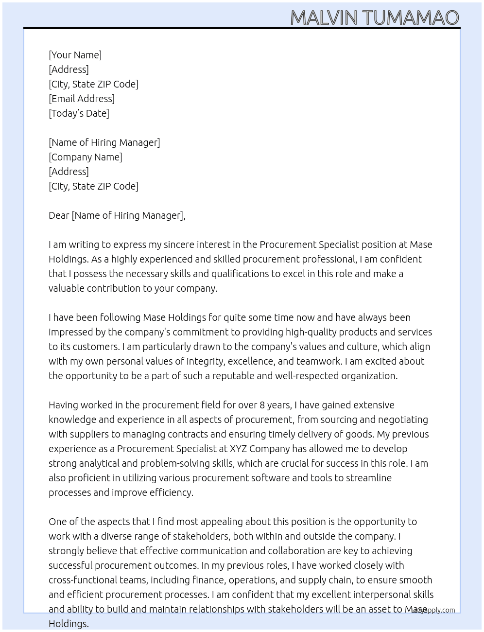 procurement specialist At mase holdings Cover Letter