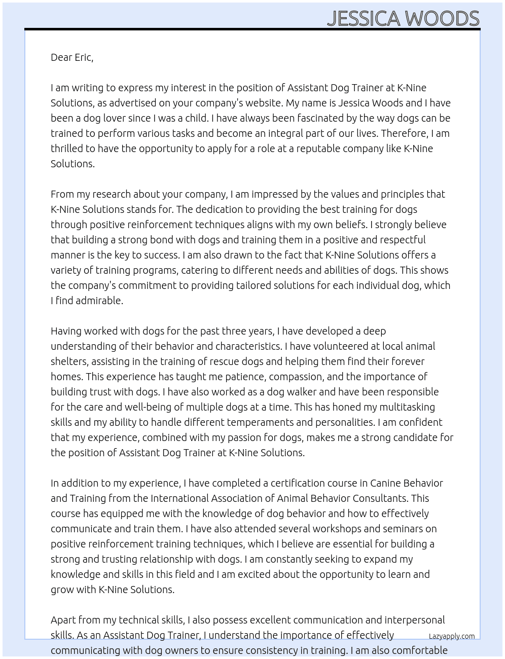 Assistant Dog Trainer At K-Nine Solutions Cover Letter