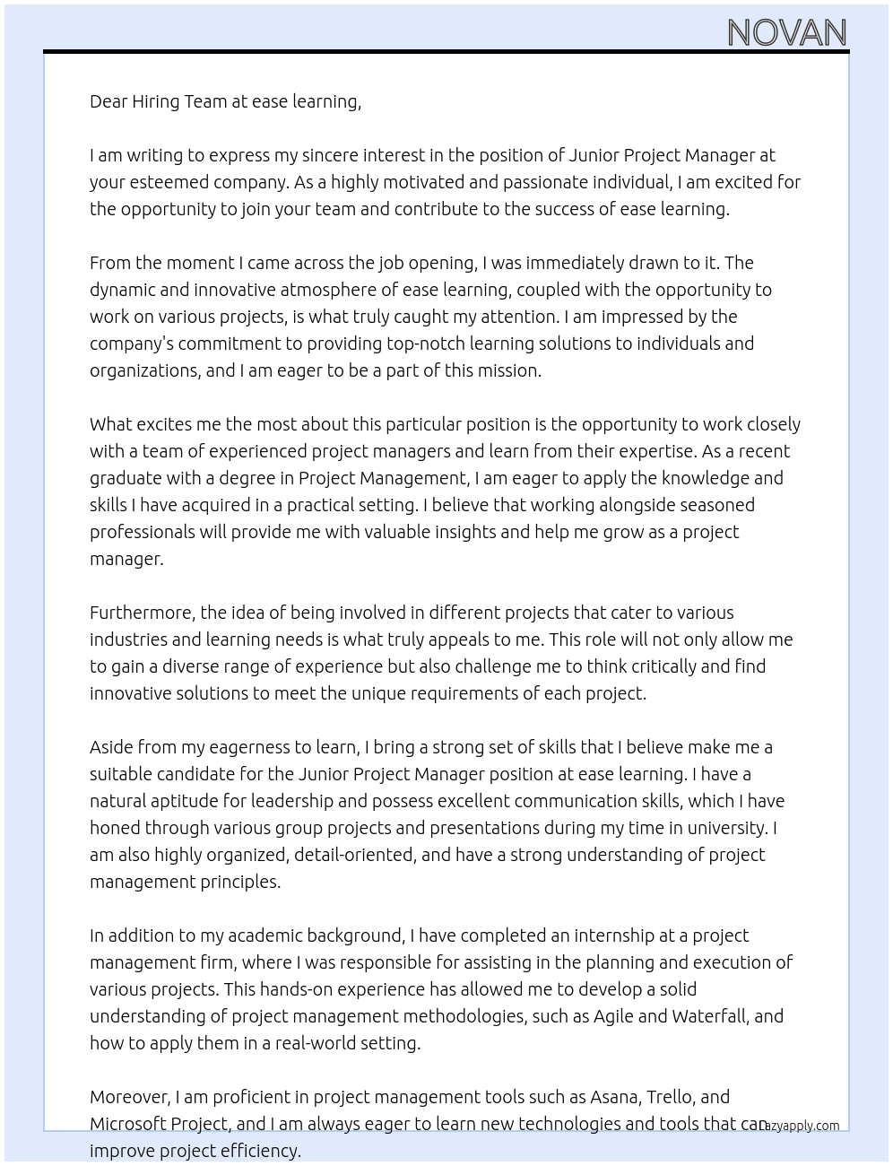 Junior Project Manager At ease learning Cover Letter