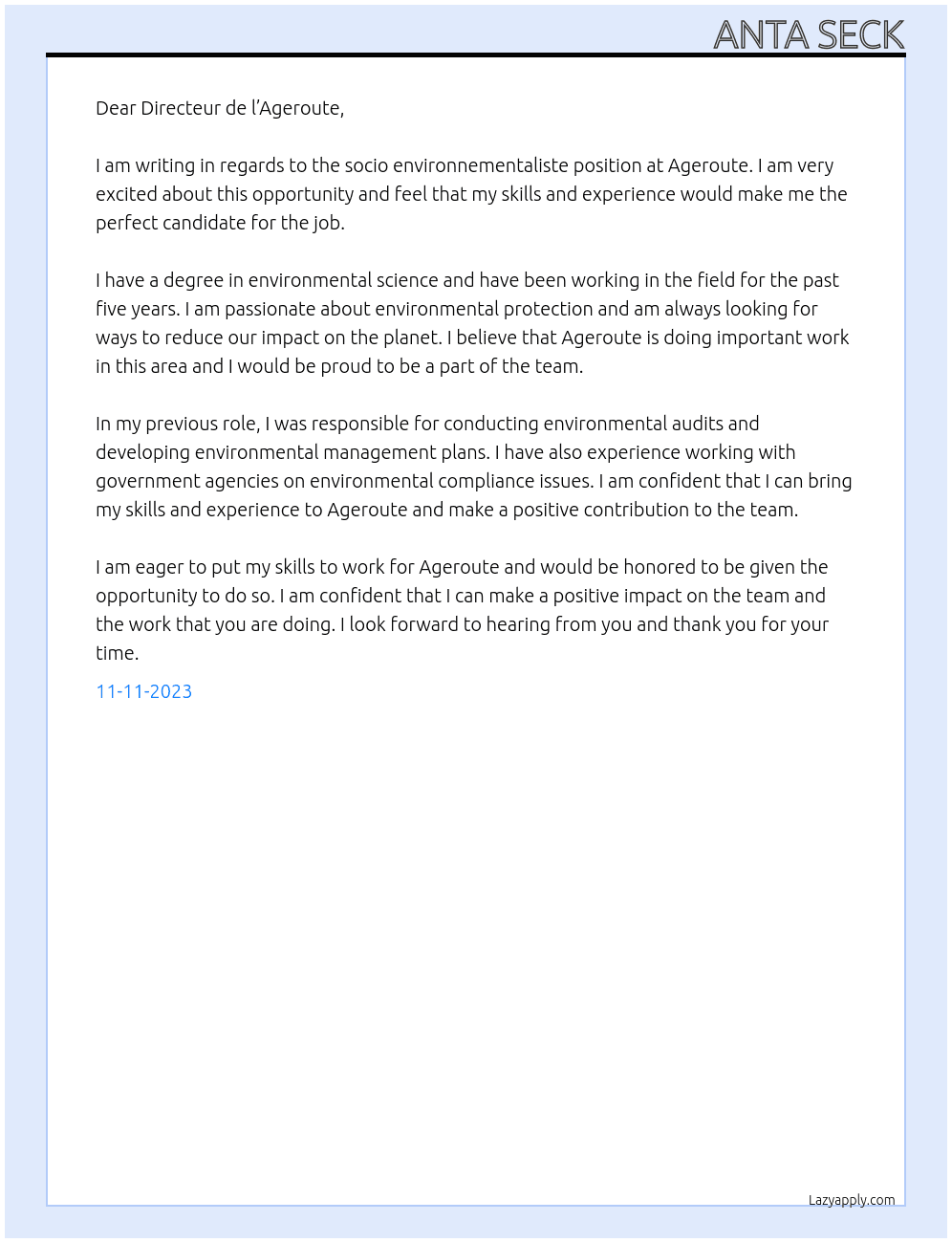 Socio environnementaliste  At Ageroute Cover Letter