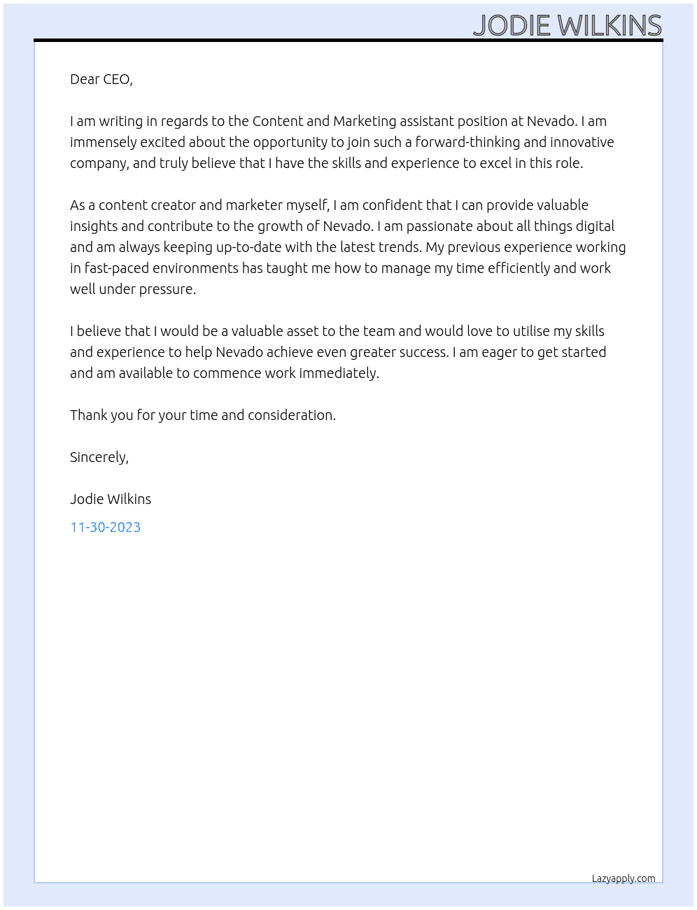 Content and Marketing assistant At Nevado Cover Letter