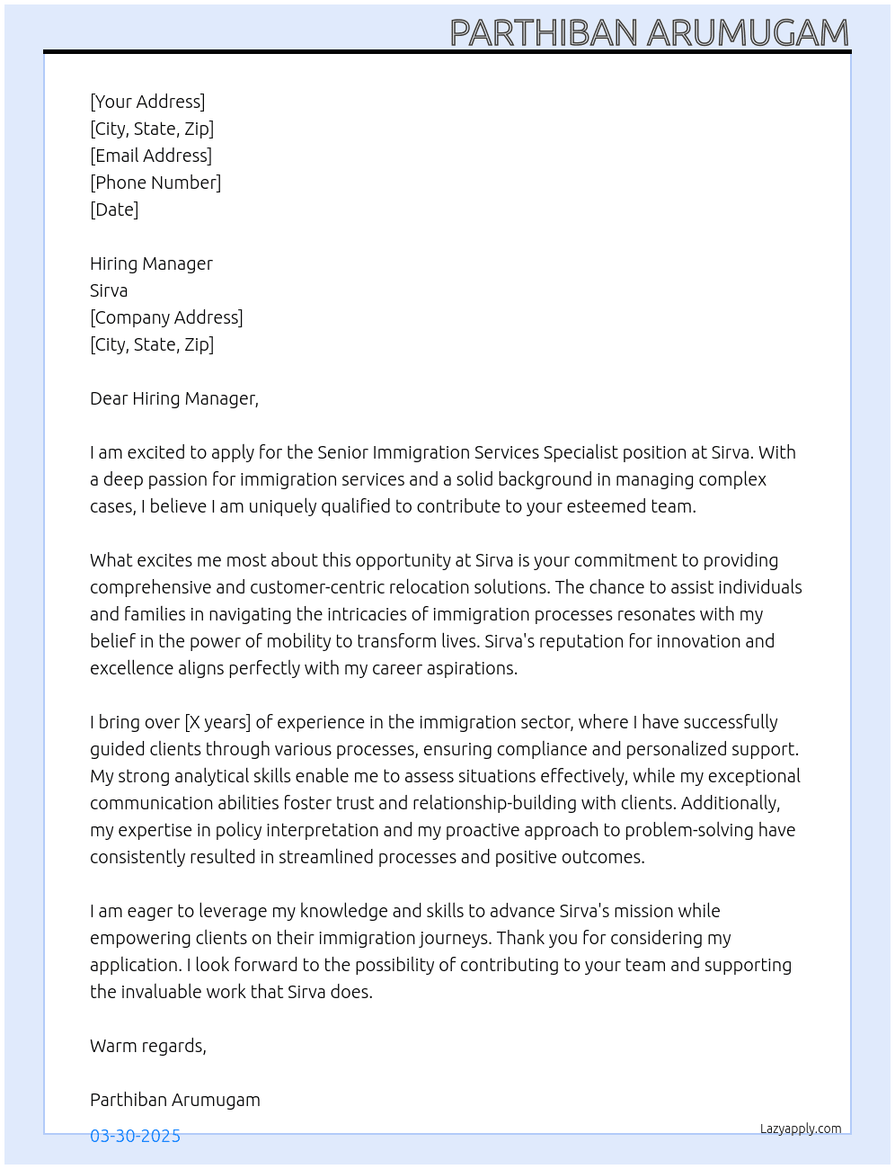 Senior Immigration Services Specialist At Sirva Cover Letter