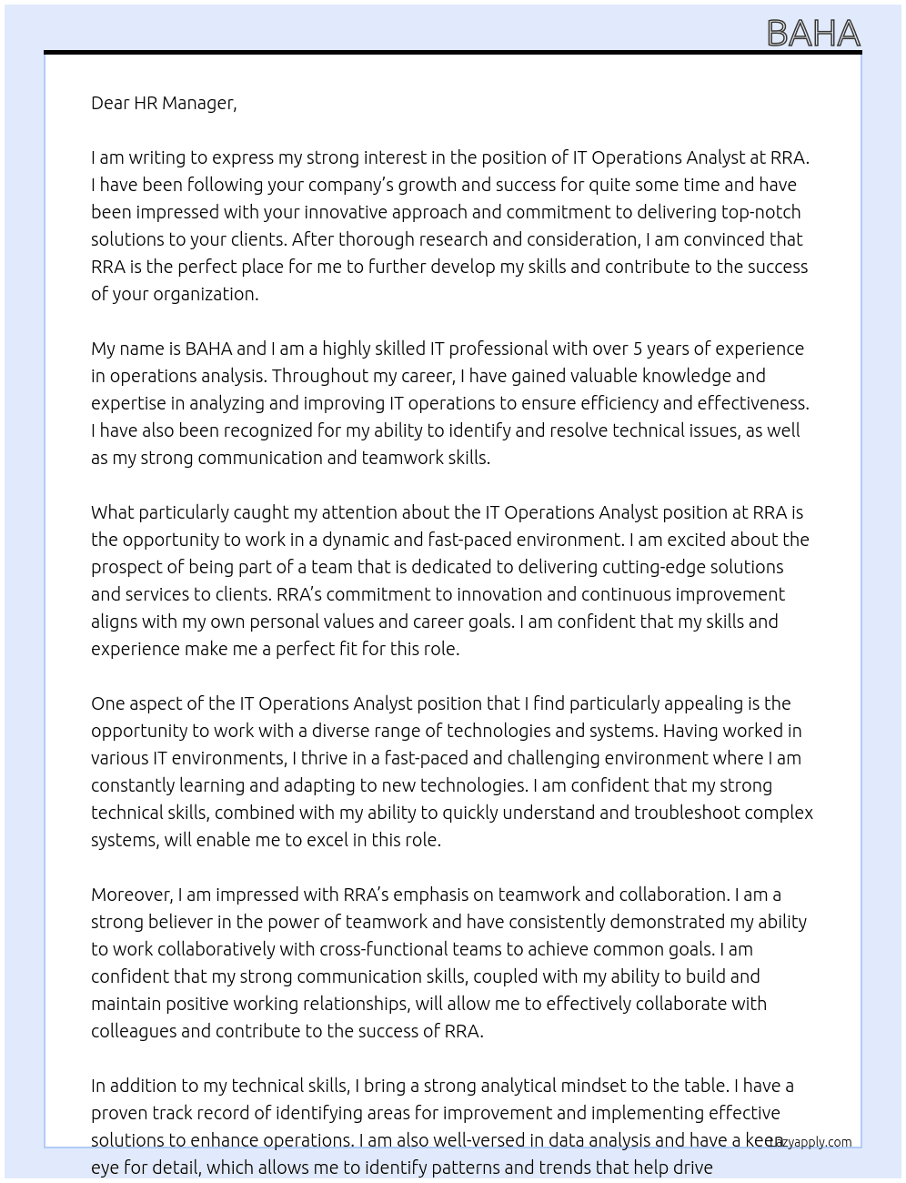 IT Operations Analyst At RRA Cover Letter