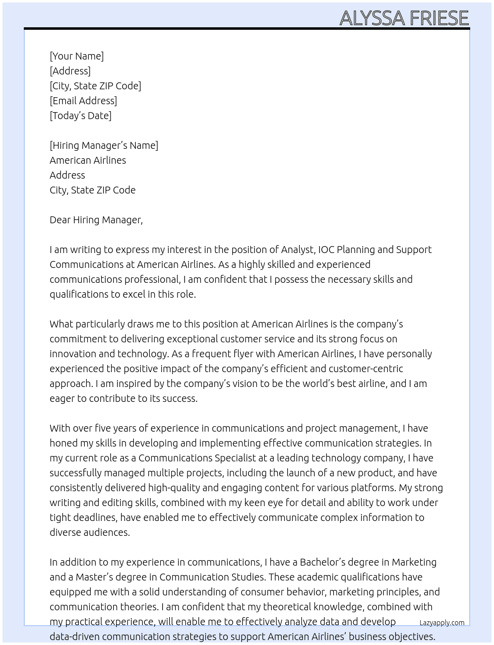 Analyst, IOC Planning and Support Communications] At American Airlines Cover Letter