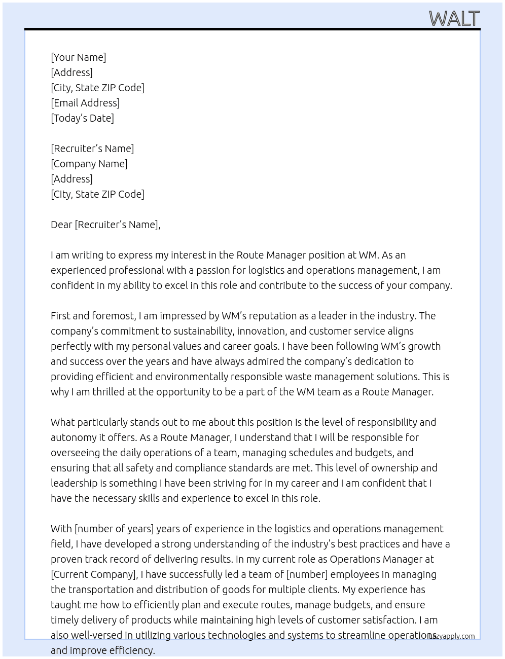 Route Manager  At WM Cover Letter